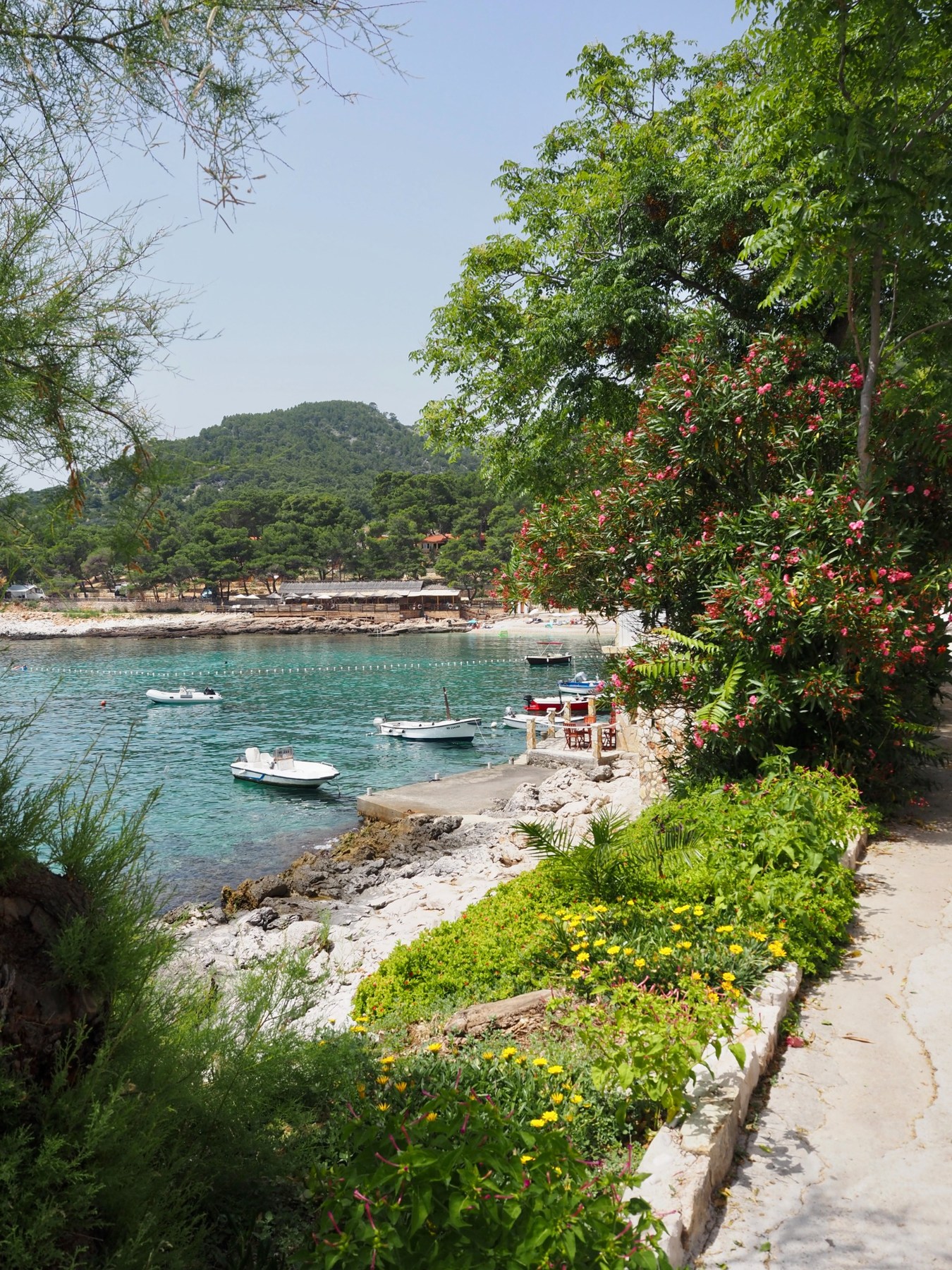 Clear turquoise water, small boats and a flower-lined coastal path